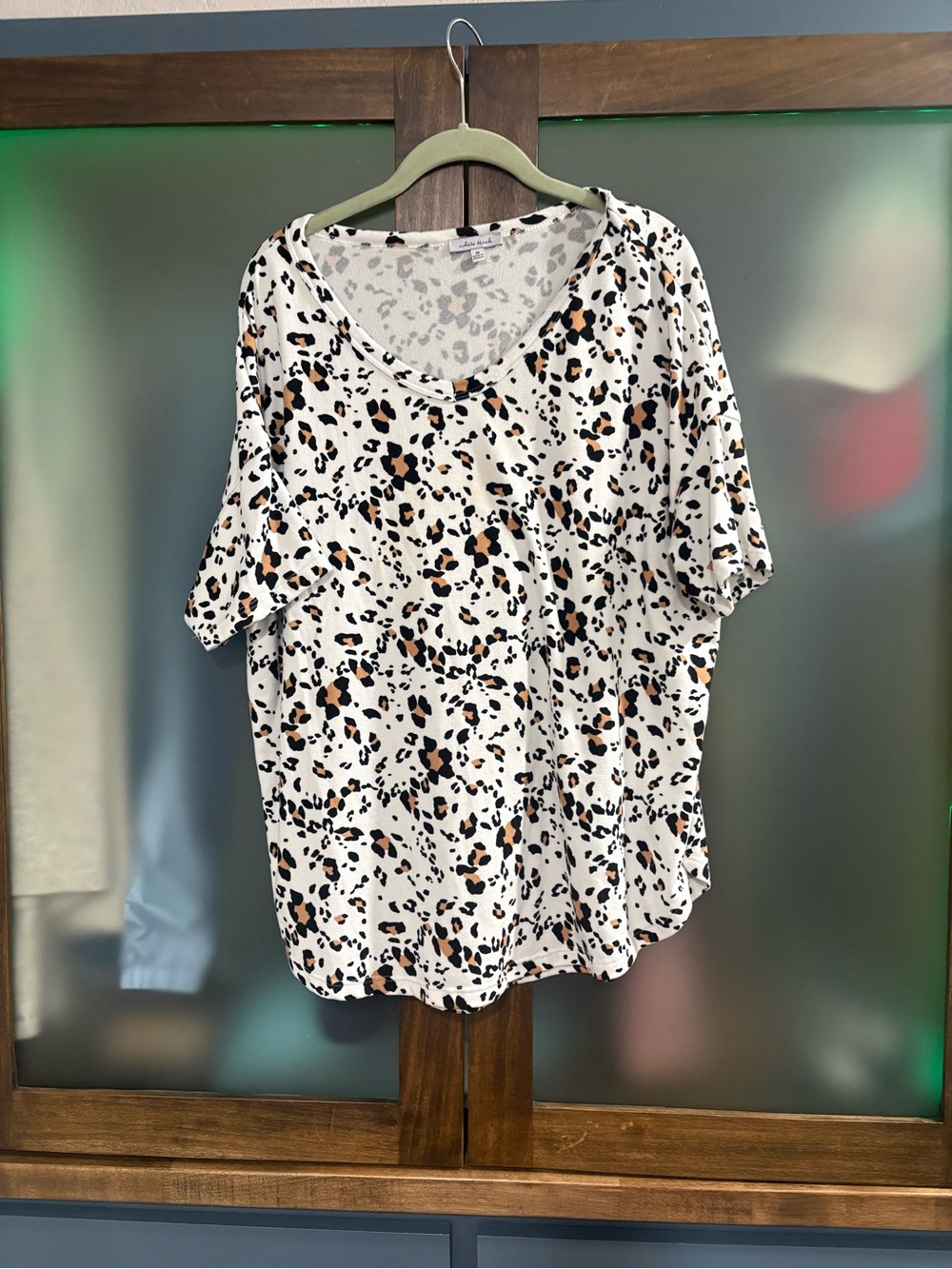 Leopard Print V-Neck Women’s Top in White and Black with Tan Accents